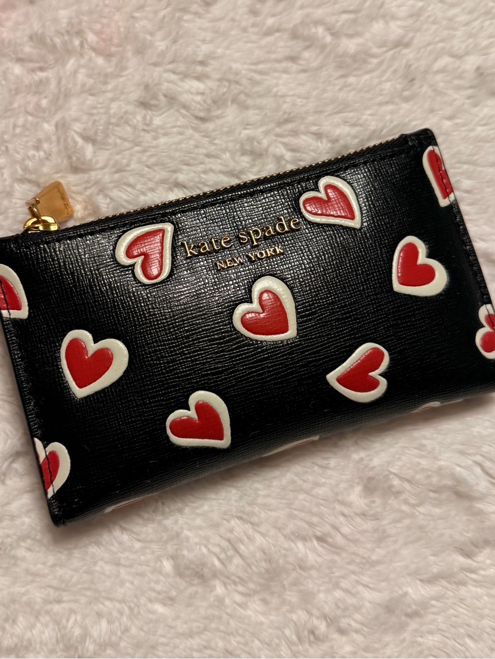 kate spade Black Heart Zip wallet with Red and White Hearts